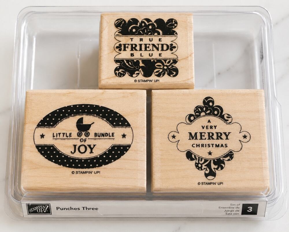 Stampin’ Up Punches Three Set of 3 Wood Mount Rubber Stamps Unused  -Vintage
